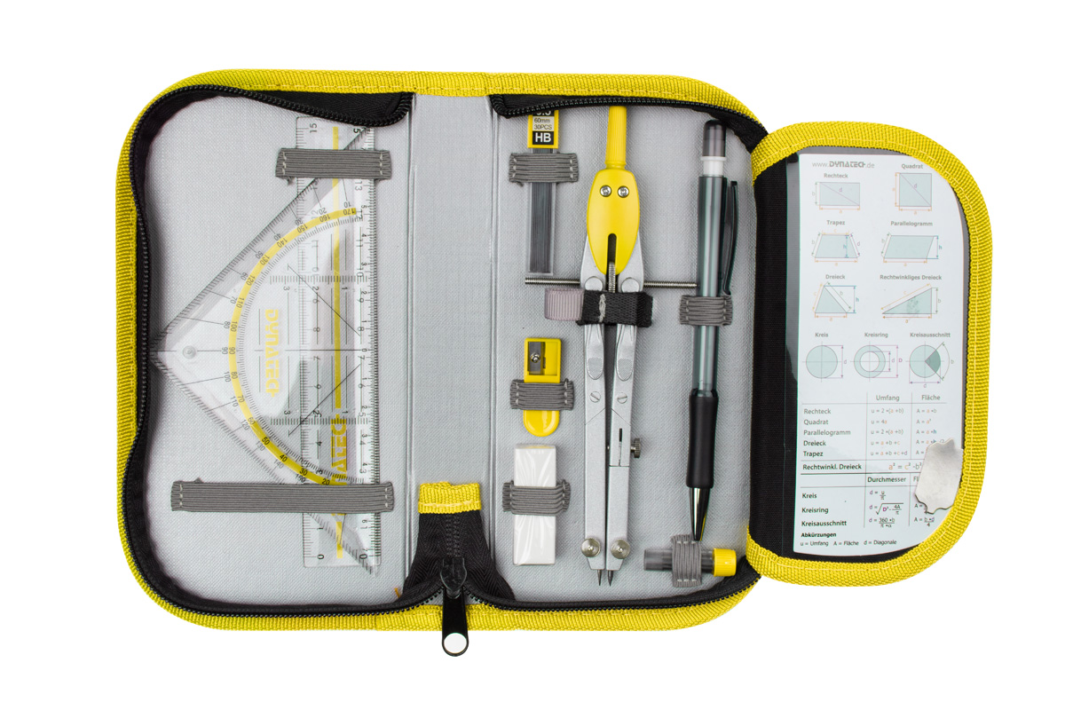 DynaTech Geometrie- und Zirkelset (13-teilig) Etui mit Reißverschluss in gelb