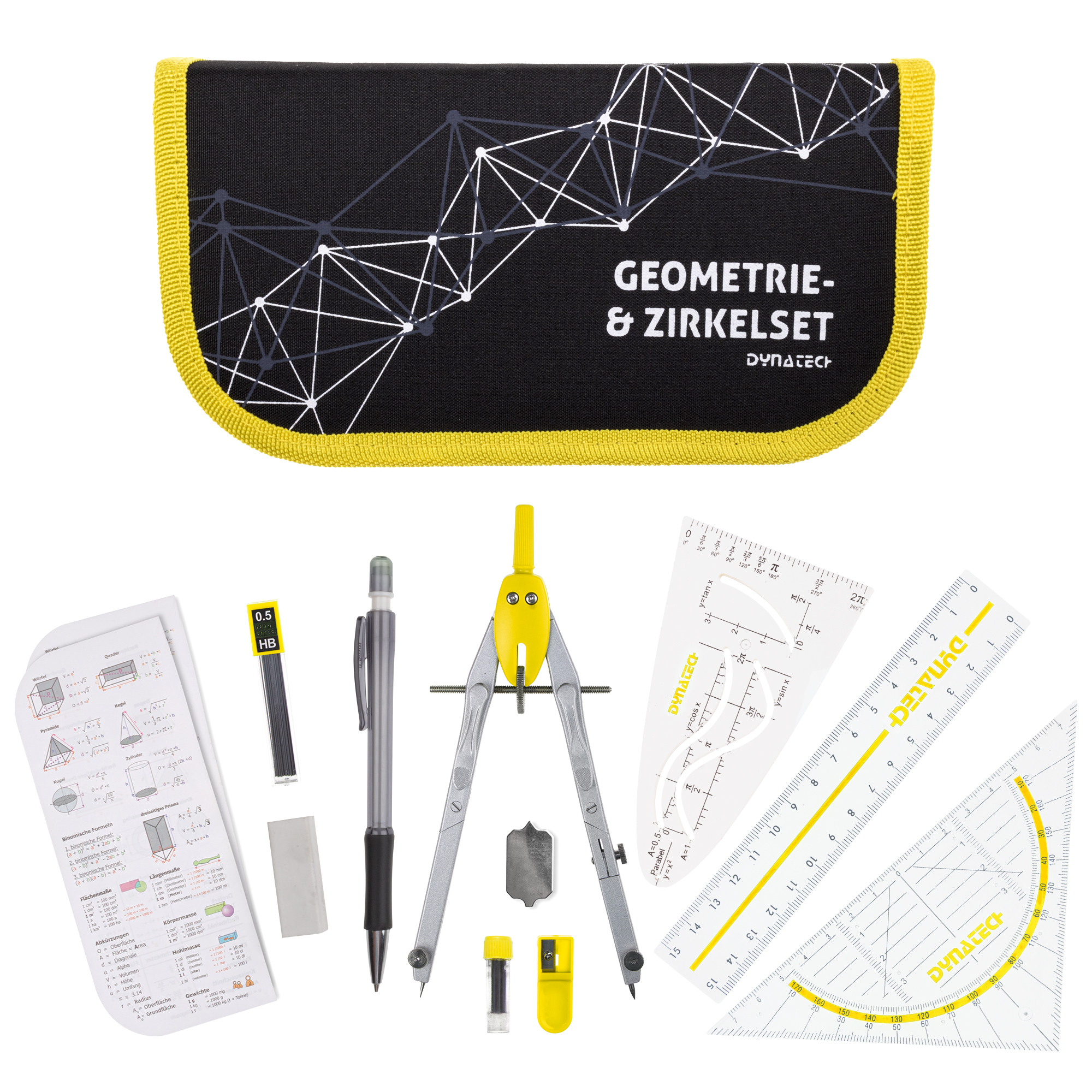 DynaTech Geometrie- und Zirkelset (13-teilig) Etui mit Reißverschluss in gelb