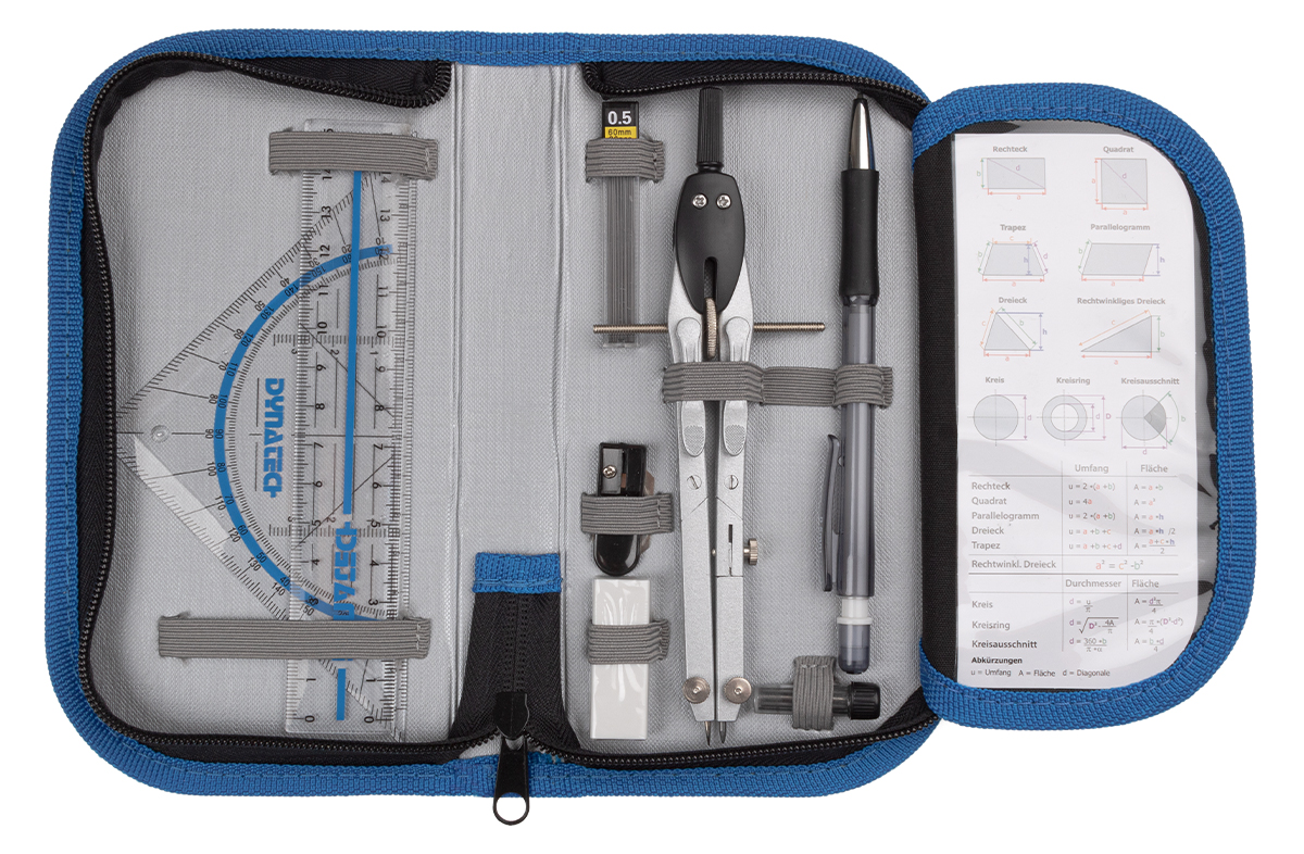 DynaTech Geometrie- und Zirkelset (13-teilig) Etui mit Reißverschluss in blau