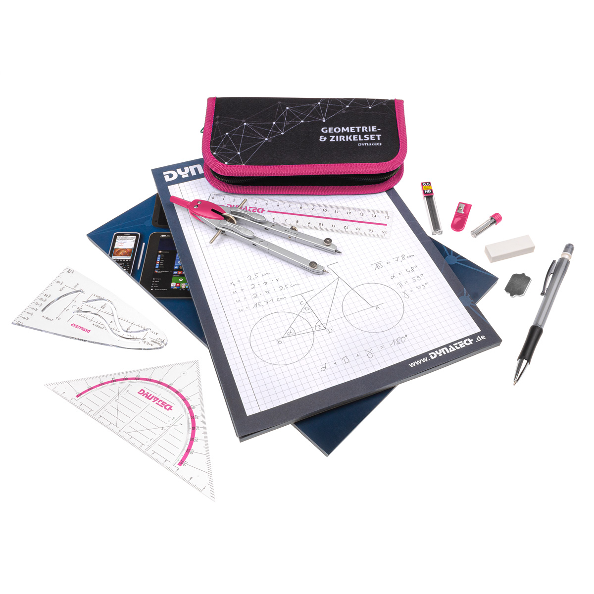 DynaTech Geometrie- und Zirkelset (13-teilig) Etui mit Reißverschluss in pink