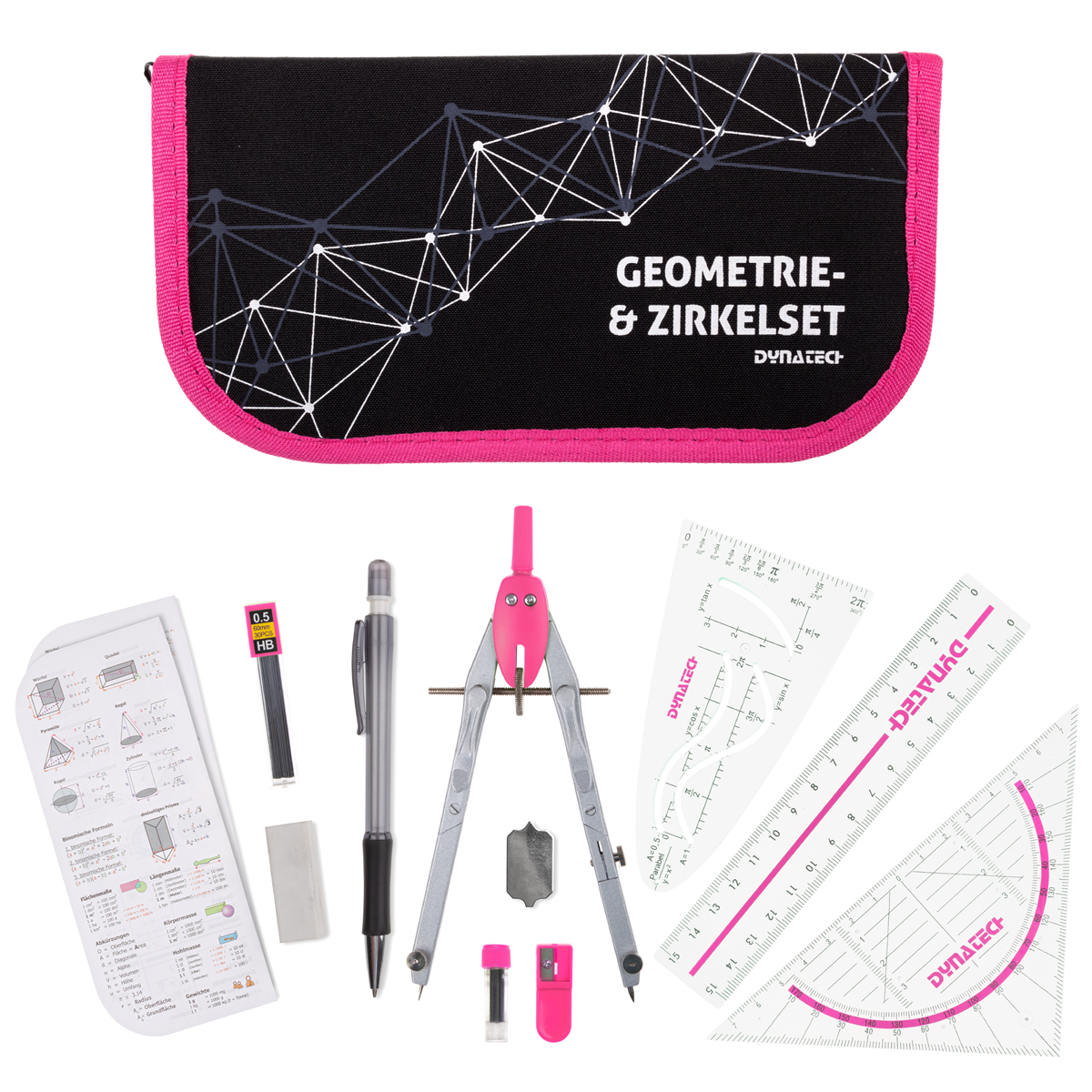 DynaTech Geometrie- und Zirkelset (13-teilig) Etui mit Reißverschluss in pink