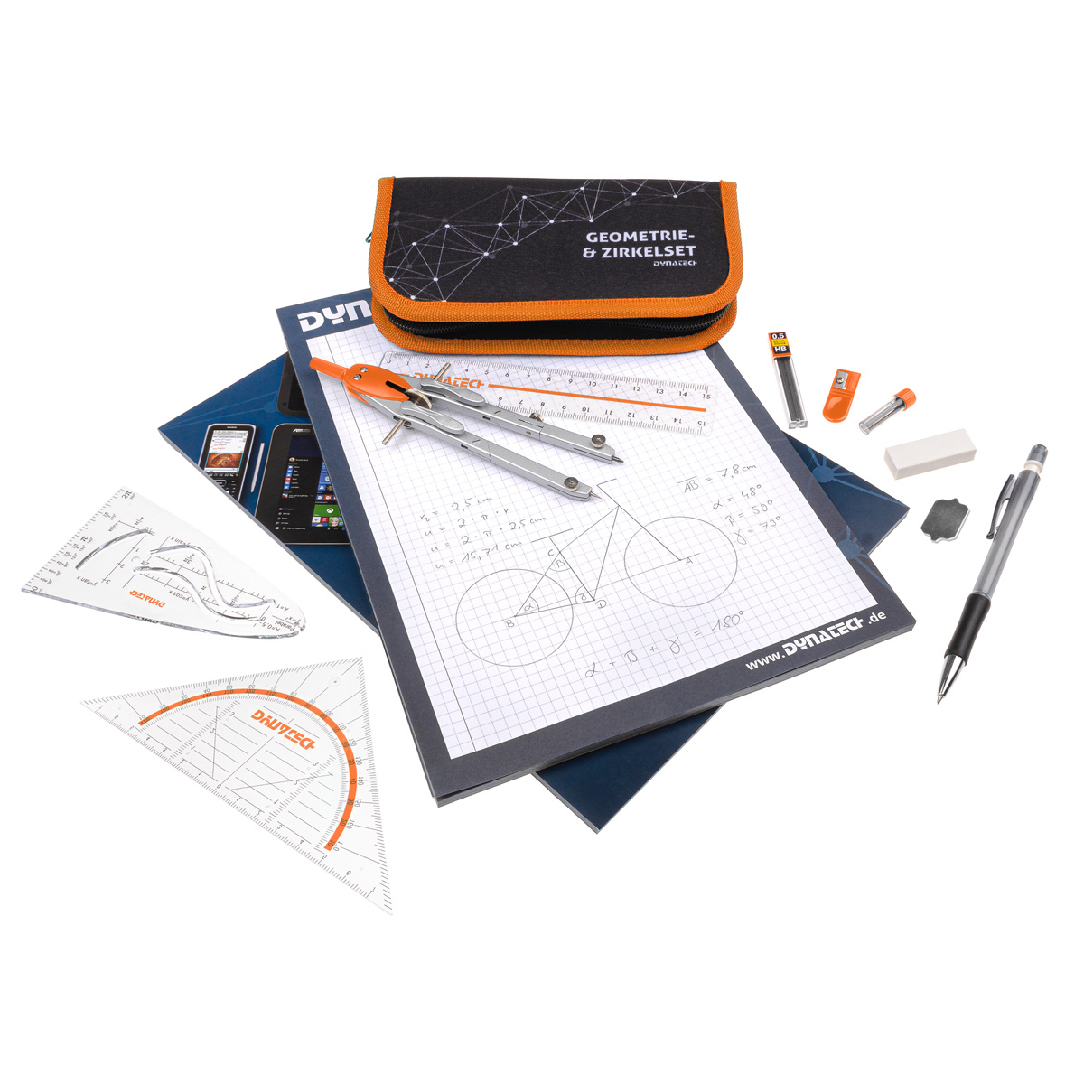 DynaTech Geometrie- und Zirkelset (13-teilig) Etui mit Reißverschluss in orange