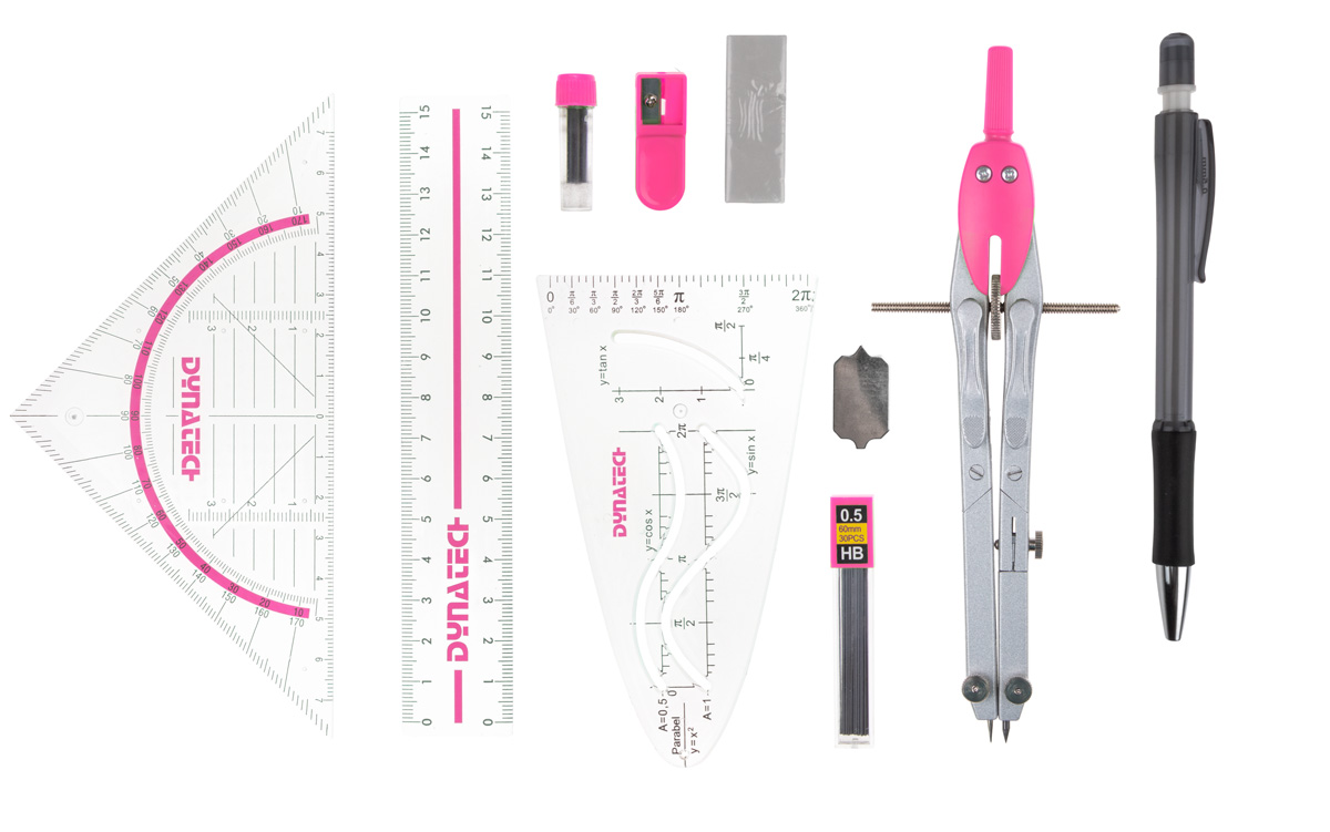 DynaTech Geometrie- und Zirkelset (13-teilig) Etui mit Reißverschluss in pink